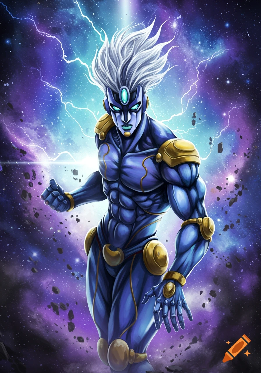 A muscular blue humanoid character with white spiky hair and gold armor stands in a vibrant purple and blue galaxy with lightning.