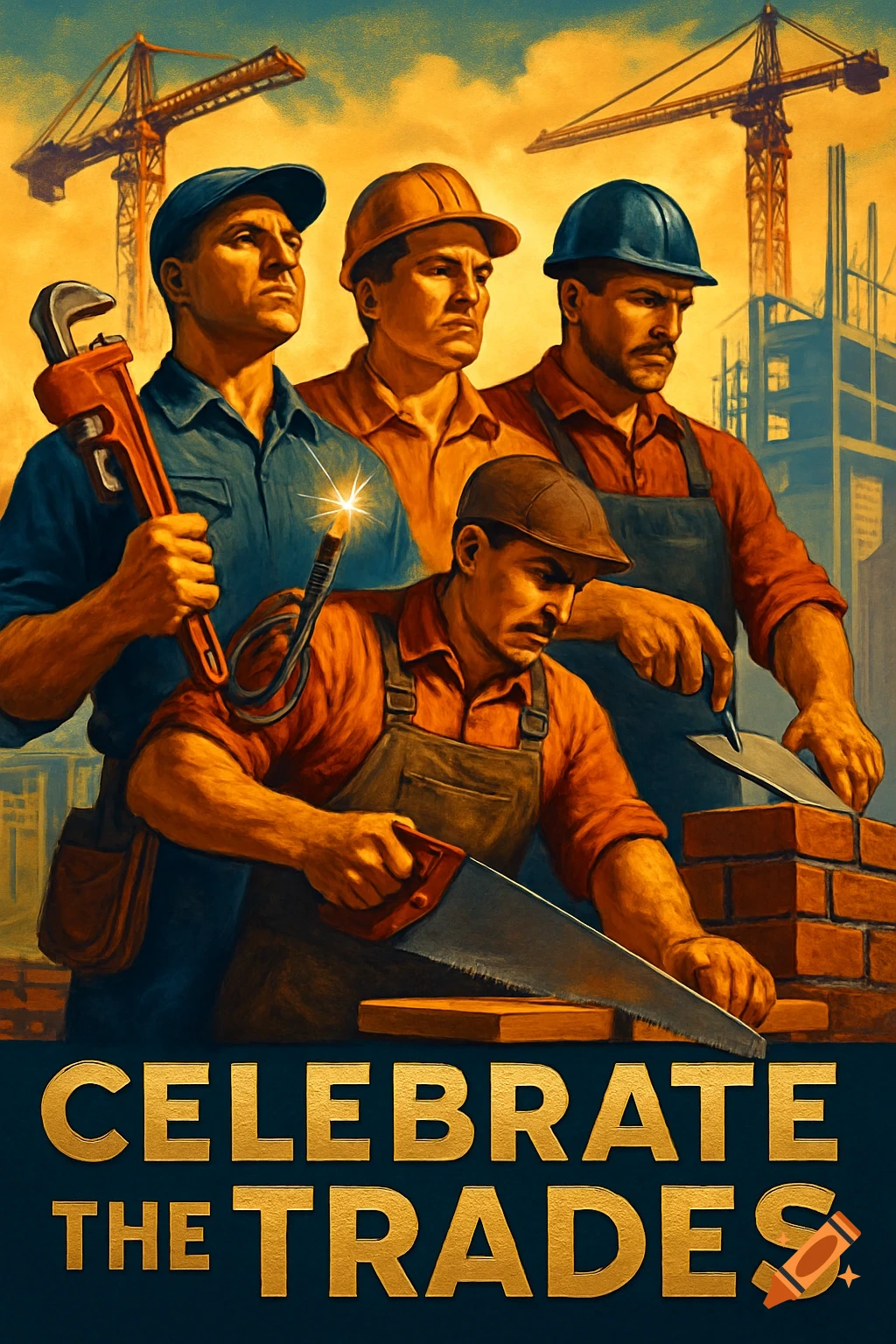 Retro poster of four tradesmen with their tools against a construction background, reading 'Celebrate the Trades'.