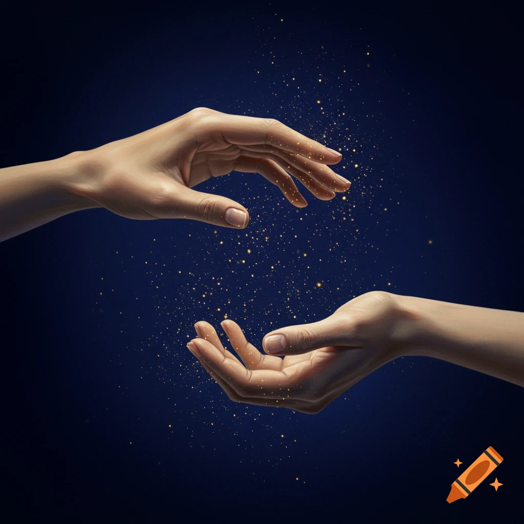 Two neutral-toned hands extended against a deep astral blue background with floating golden sparkles, in a realistic painting style.