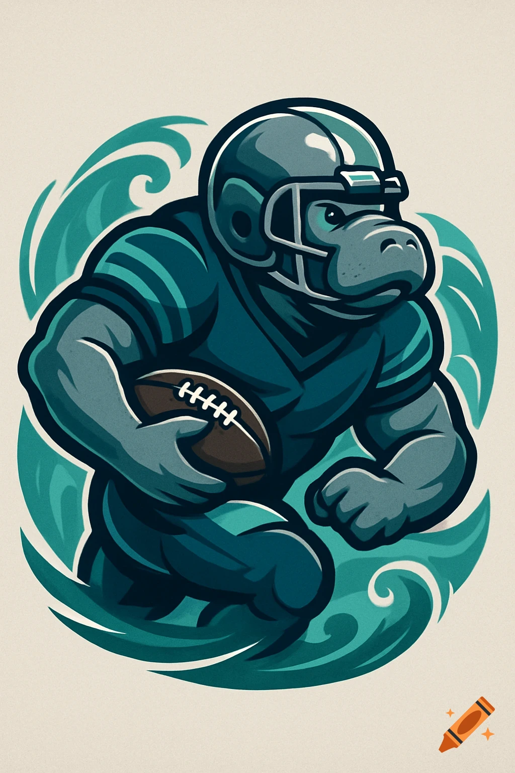 A cartoon manatee wearing a football helmet and uniform, running with a football, against a backdrop of teal waves. Mascot style.