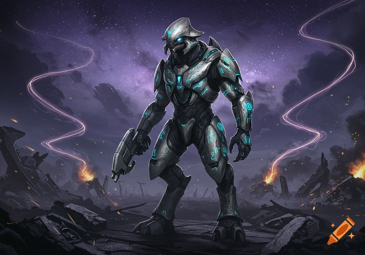 A heavily armored, bipedal alien soldier, resembling a Halo Elite, stands on a dark, desolate battlefield with glowing purple skies and energy tendrils.