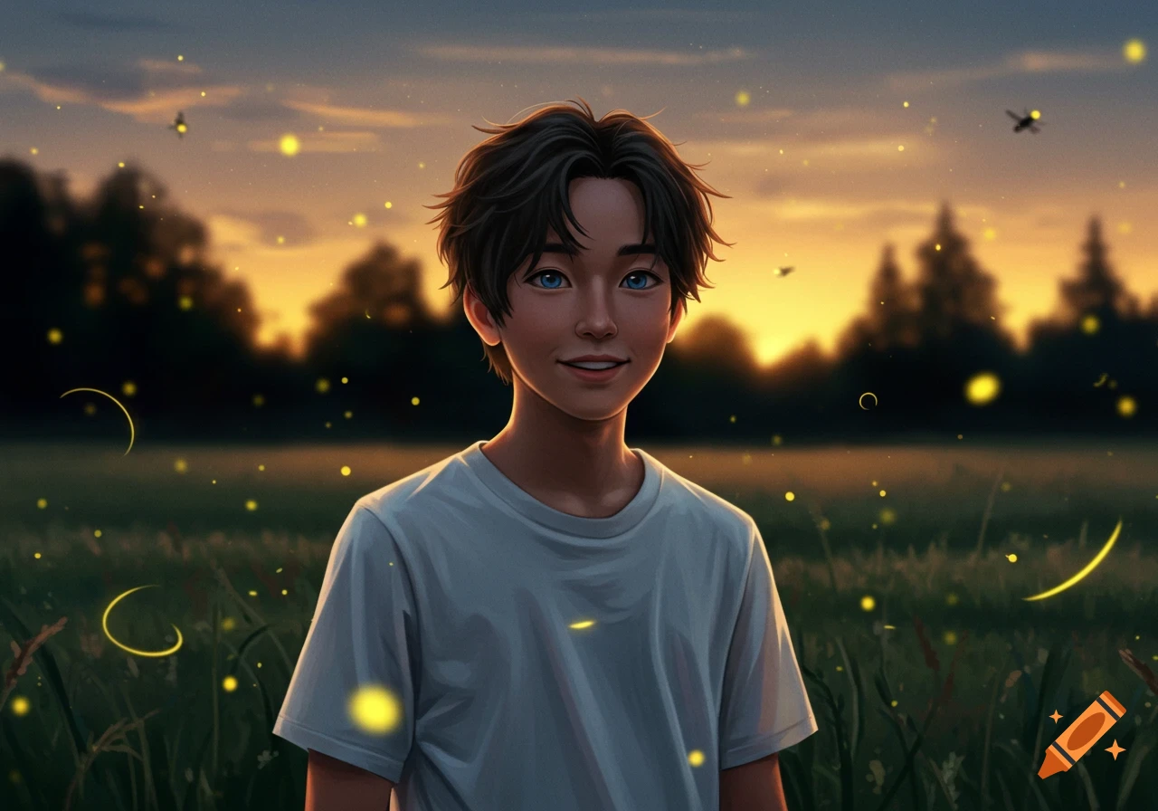 Illustrated portrait of a smiling boy with blue eyes in a field with glowing fireflies at sunset.