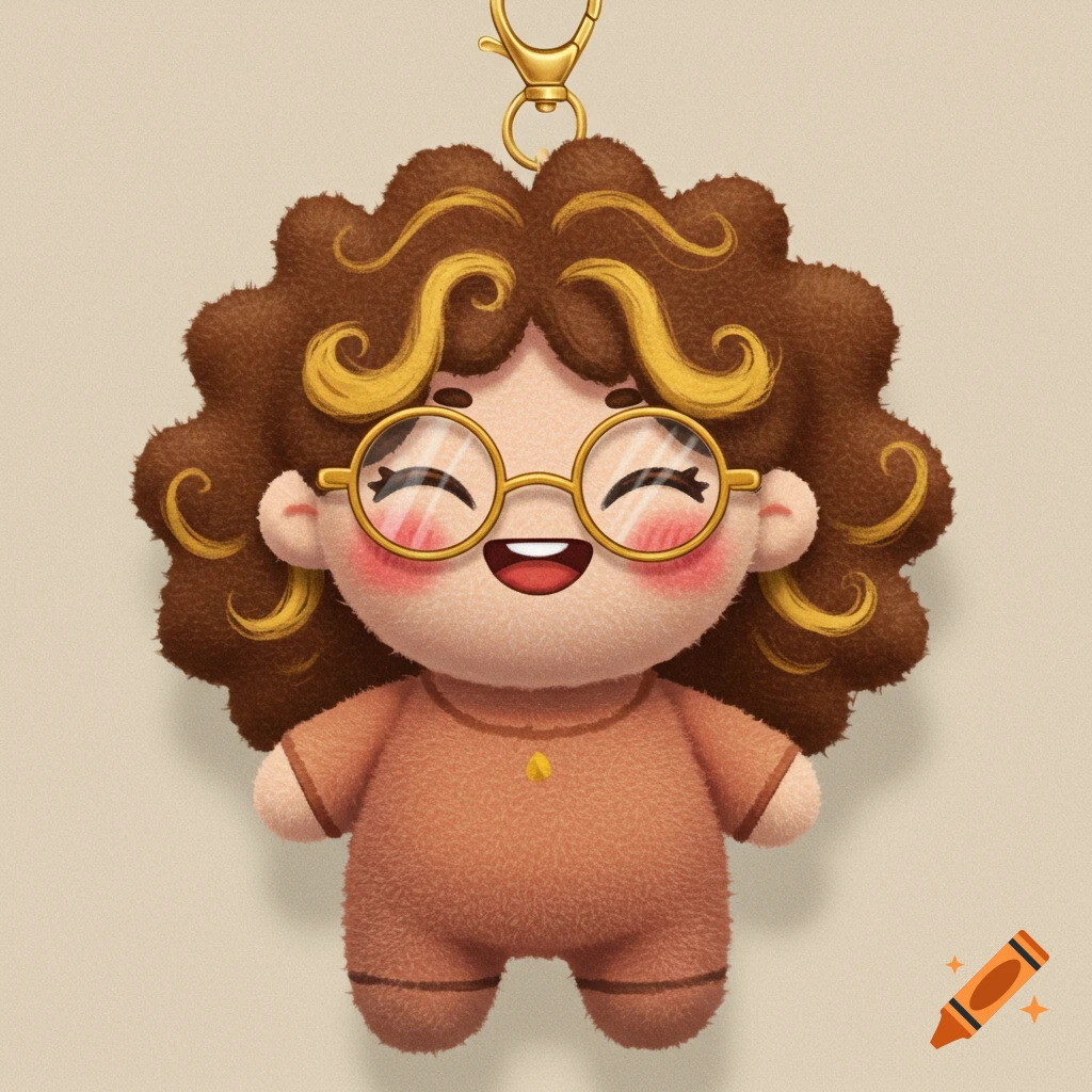A cute brown plush toy keychain with curly brown and blonde hair, round gold glasses, and a wide happy smile.