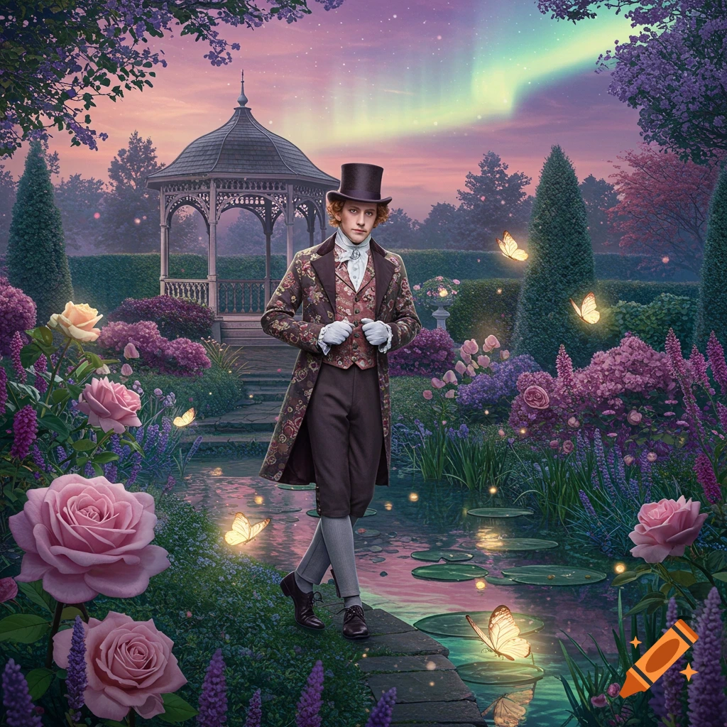 A dandy in a floral coat and top hat walks through an enchanting twilight garden with glowing butterflies and an aurora sky.