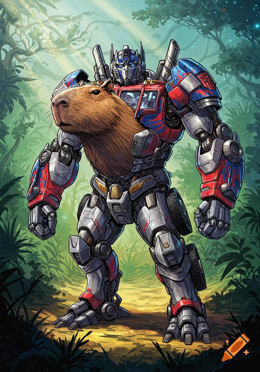 An illustration showing Optimus Prime with a capybara integrated into its chest, standing in a lush green jungle.