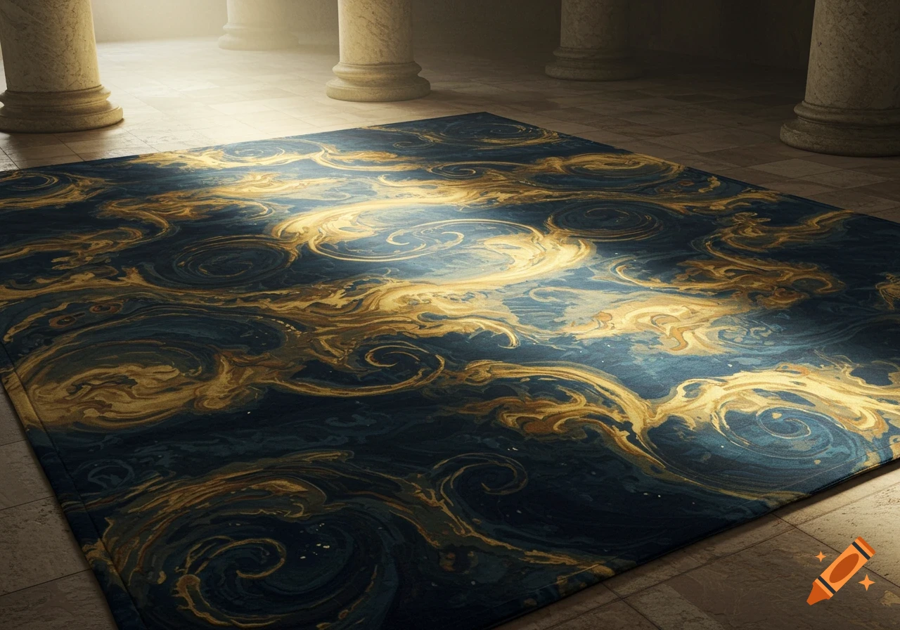 A blue and gold swirling patterned rug on a stone floor, illuminated by light from above, with large classical pillars.