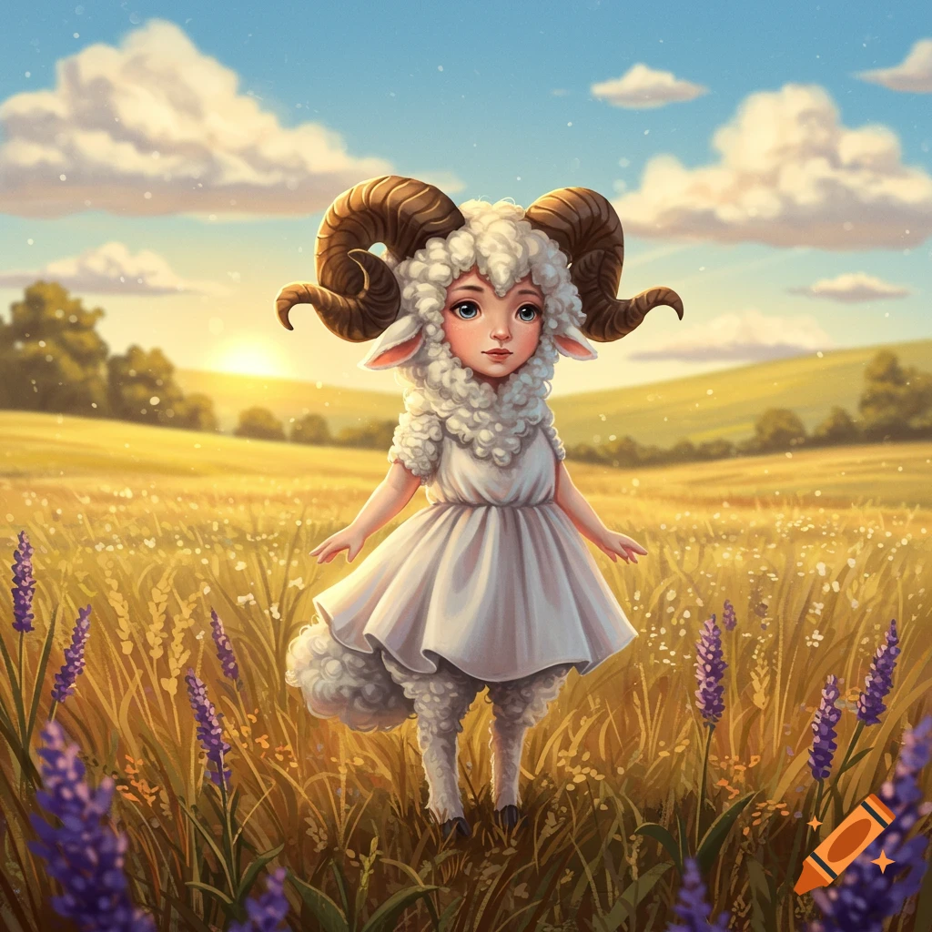 A whimsical illustration of a child-like figure in a sheep costume with ram horns, standing in a golden field with purple flowers at sunset.