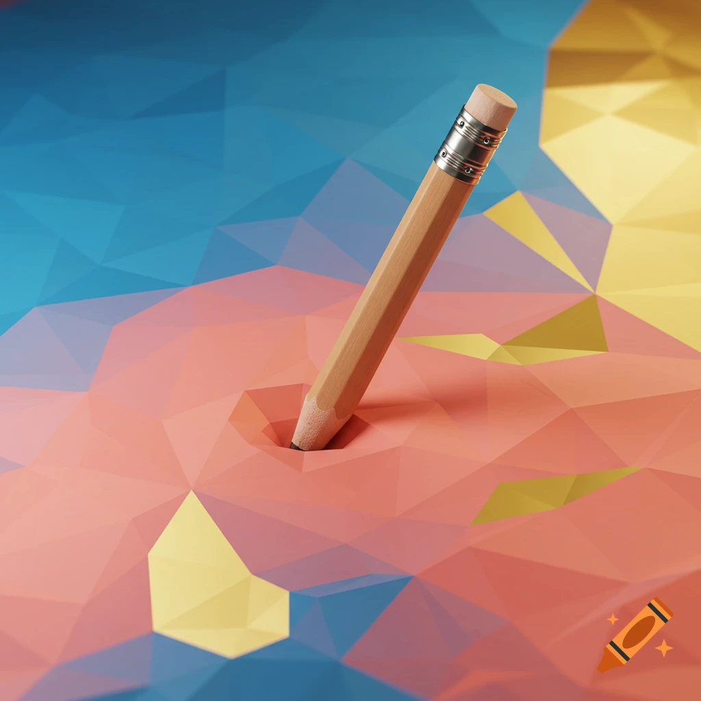 A wooden pencil stands upright, piercing a surface made of red and yellow polygonal shapes, against a blue polygonal background.