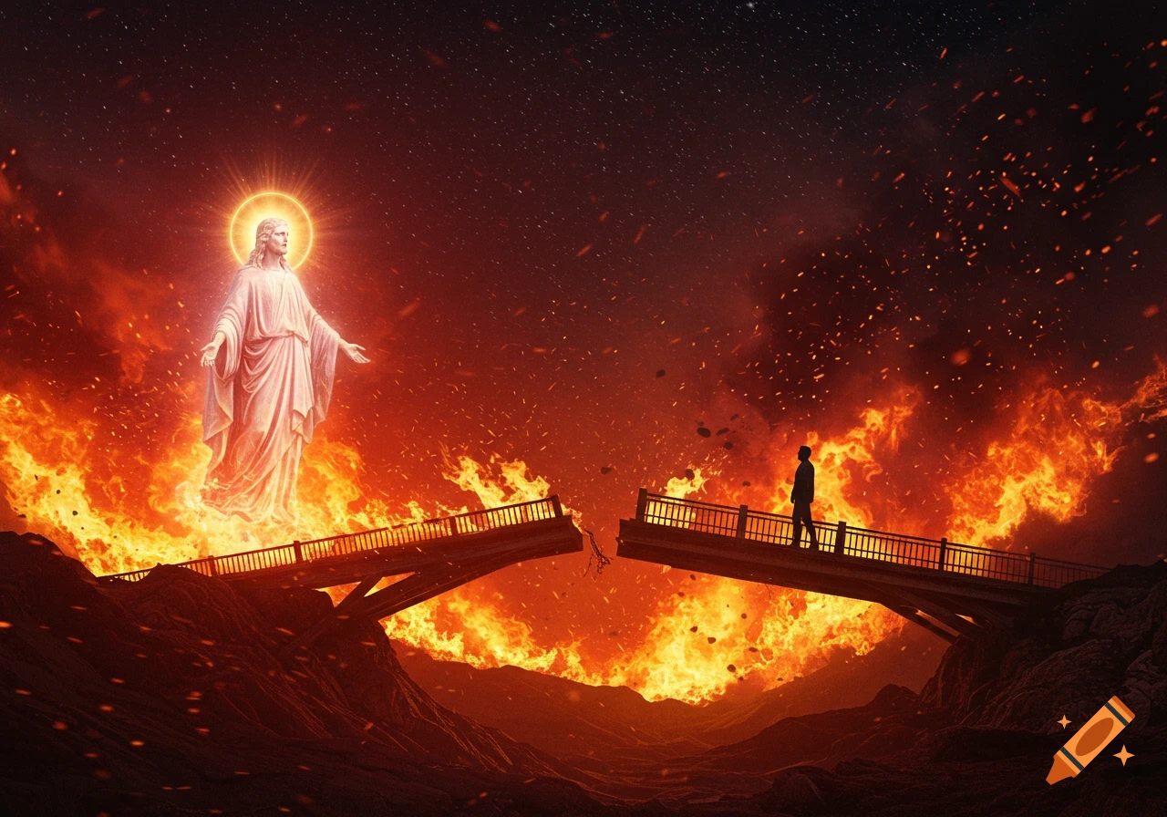 A Jesus-like figure on the left and a man on the right stand on a broken bridge over a fiery landscape under a starry sky.