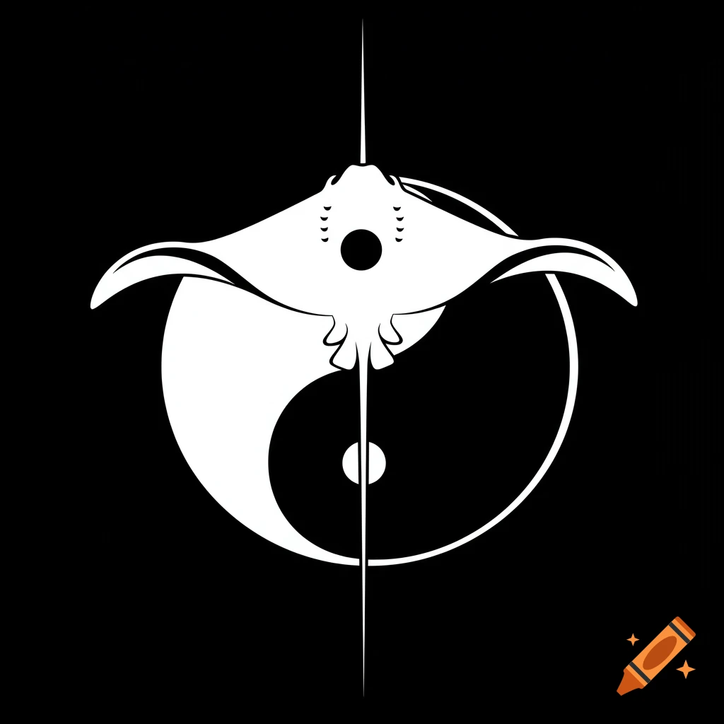 White outline of a stingray centered over a black and white Yin and Yang symbol on a black background. Graphic art style.