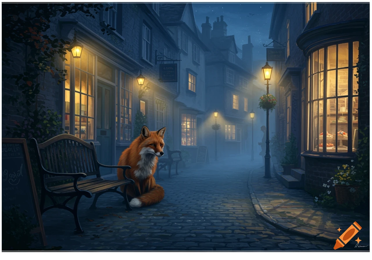 A red fox sits on a cobblestone street at night in a foggy English town with illuminated shops.