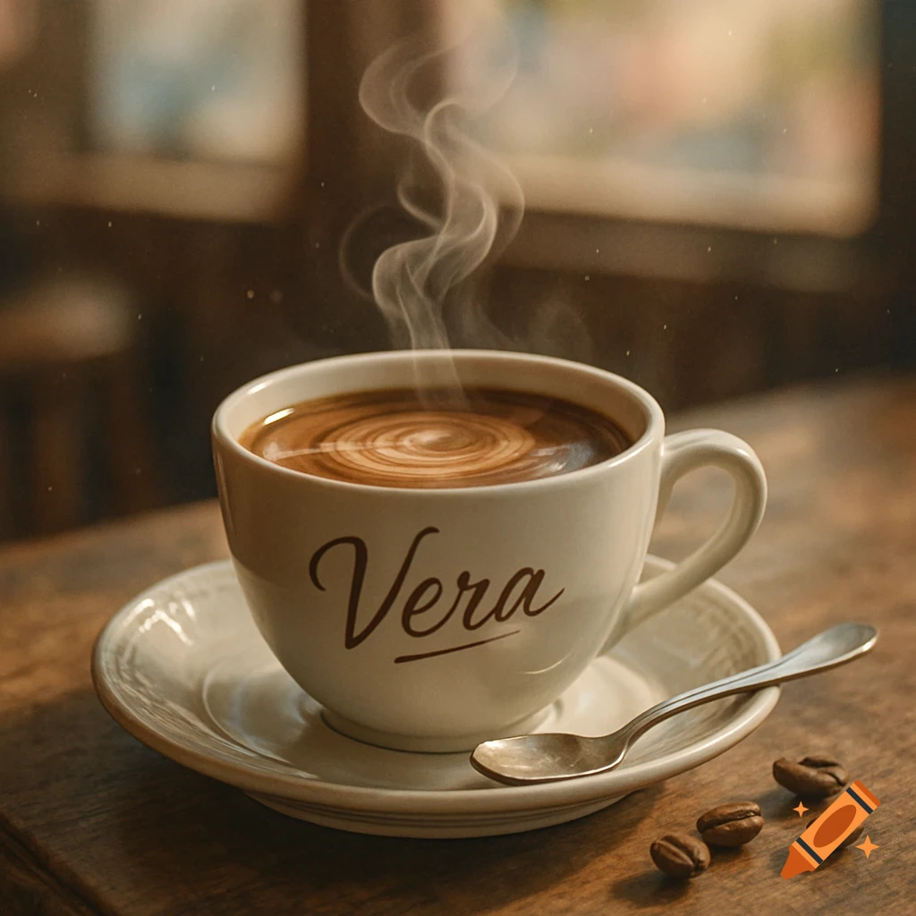 A steaming cup of coffee with latte art and the name 'Vera' written on it, next to a spoon and coffee beans on a wooden table.