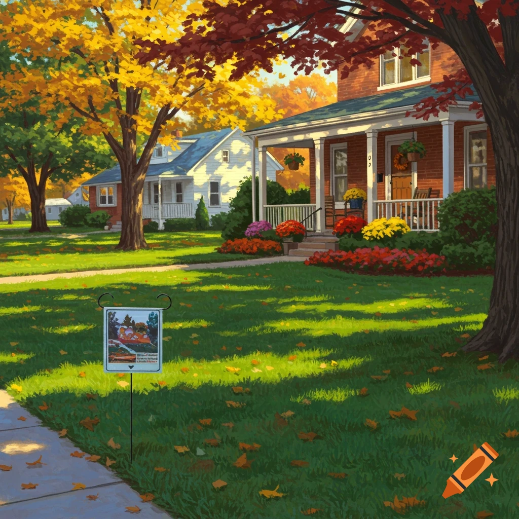 A vibrant autumn illustration of a suburban neighborhood home with red brick, a green lawn, colorful trees, and a yard sign.