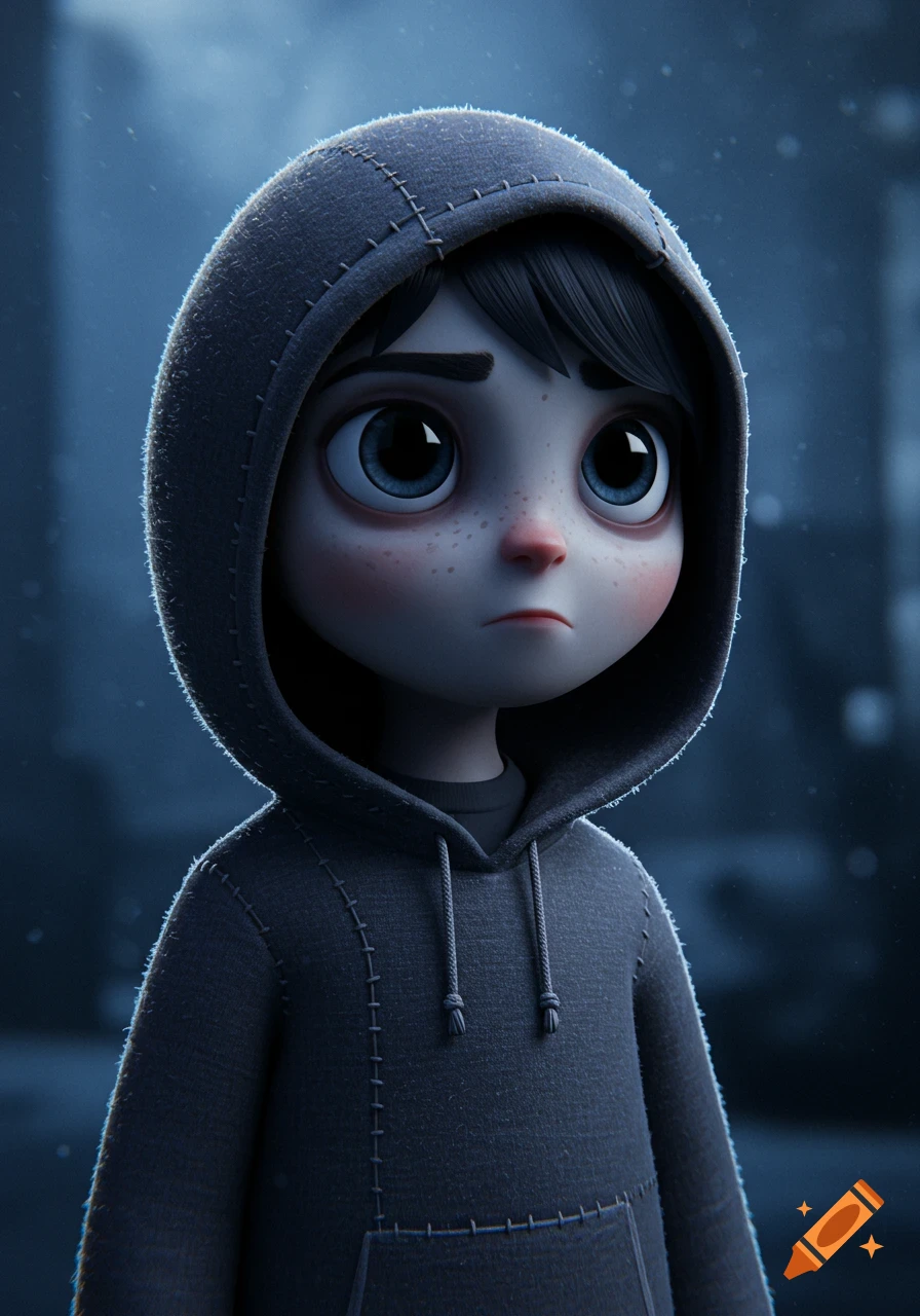 A sad-looking cartoon character with big blue eyes and freckles, wearing a dark grey hoodie, in a 3D animated style.