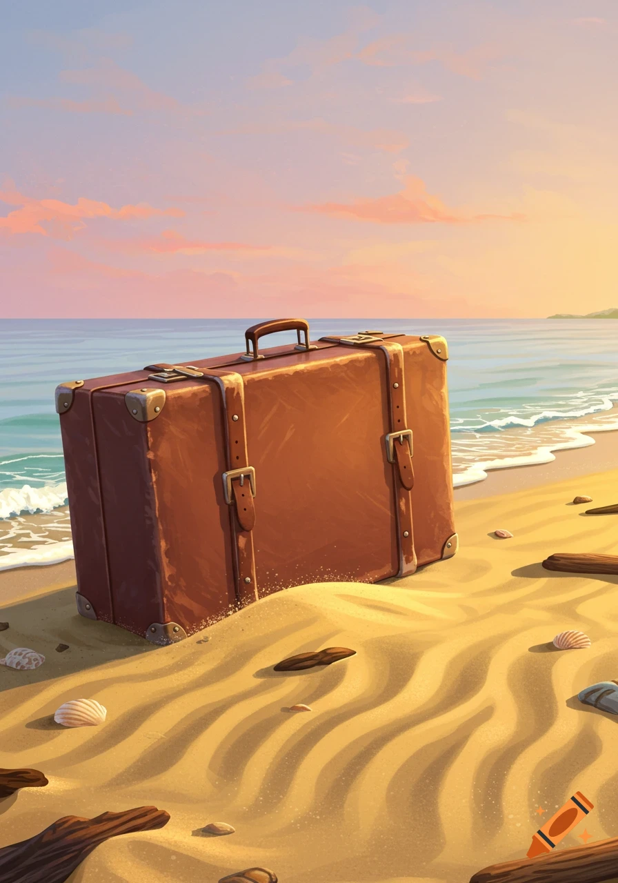 A brown leather suitcase sits on a sandy beach with subtle waves crashing nearby, under a pastel sunset sky.