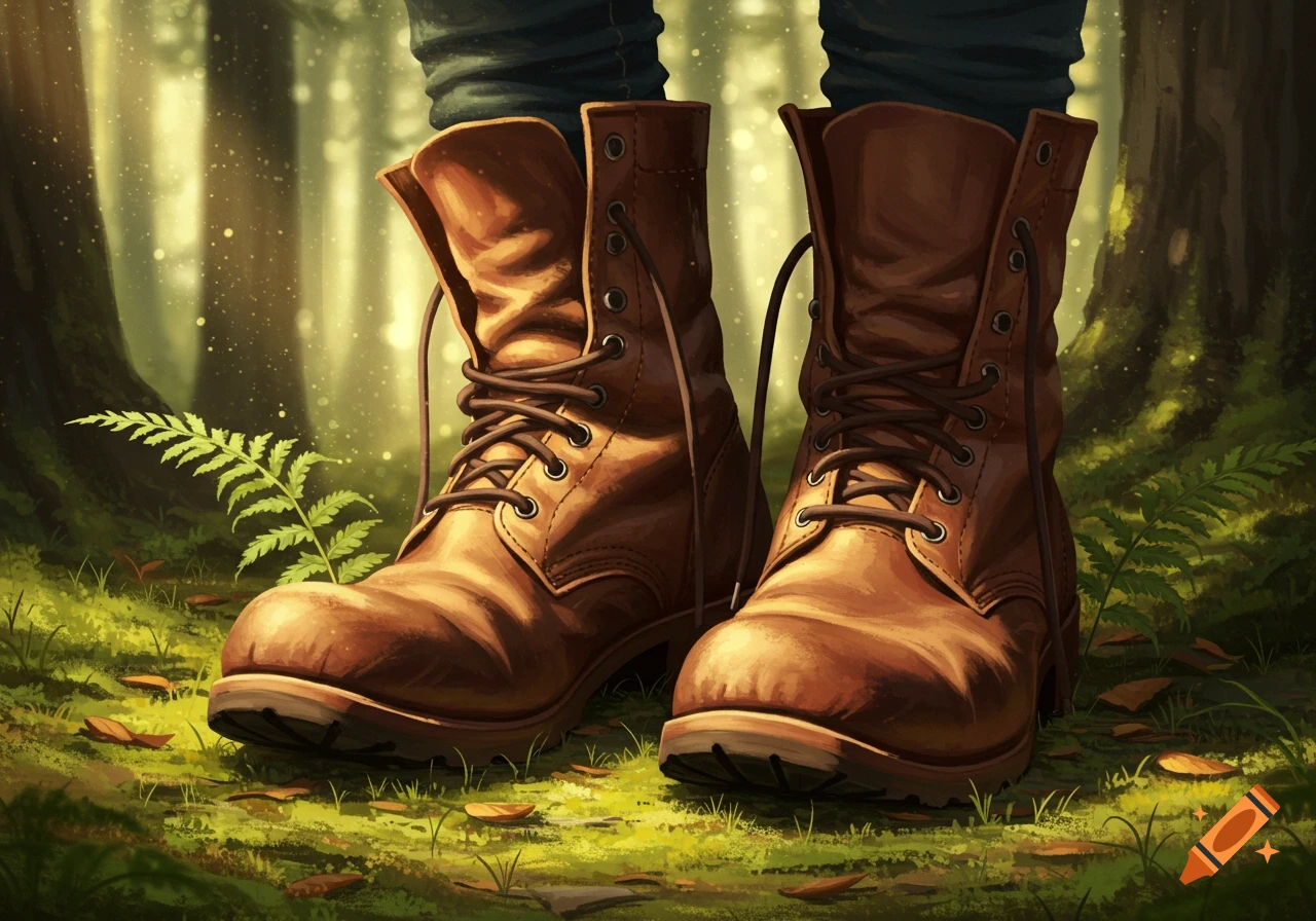 Brown leather boots stand on a mossy forest floor with fallen leaves, sunlight filters through trees.