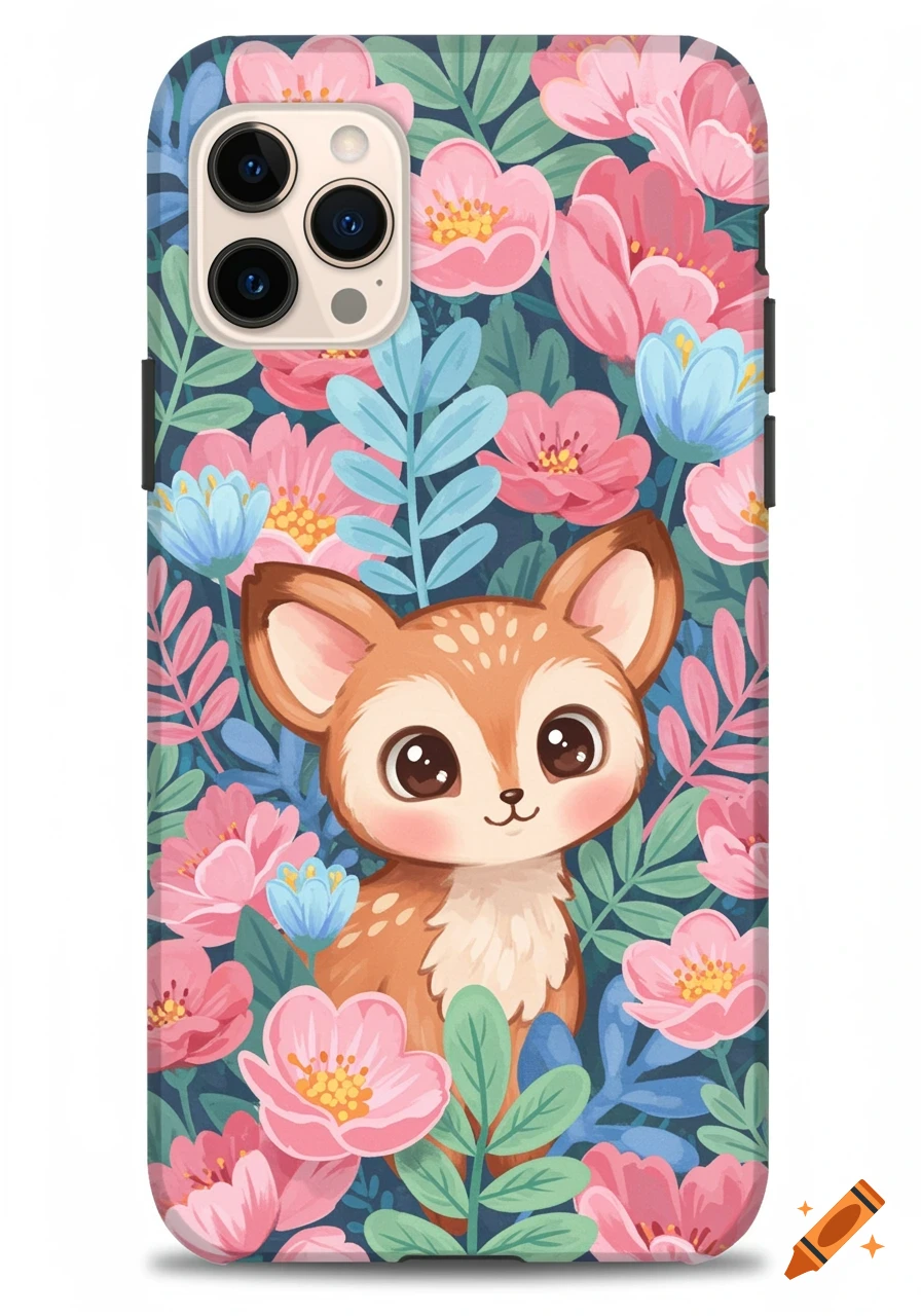 Cute cartoon deer surrounded by pink and blue flowers on a dark blue phone case.