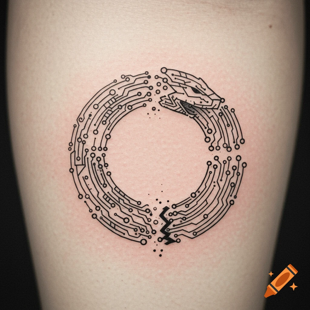 A black line art tattoo of an ouroboros made from a broken circuit board pattern on skin.