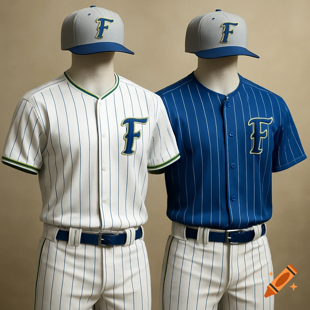 Two baseball uniforms displayed on mannequins, one white with blue pinstripes and green trim, the other blue with white pinstripes. Both have a grey cap with an 'F' logo.