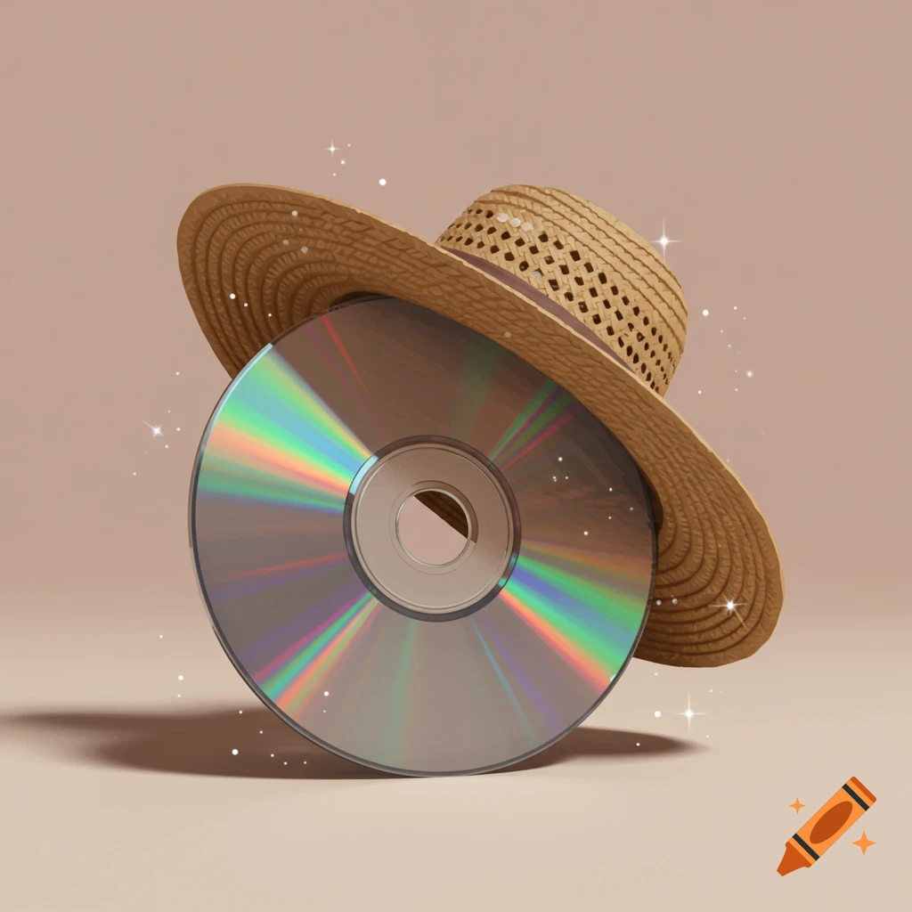 A compact disc with a straw hat resting on top, set against a plain light brown background with subtle sparkling effects.