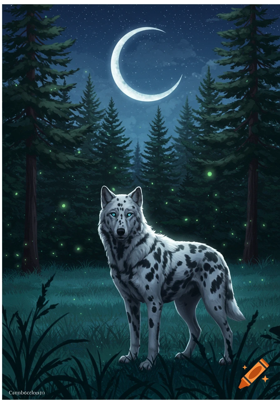A digitally painted dalmatian-spotted wolf with blue eyes stands in a dark forest with fireflies under a crescent moon.