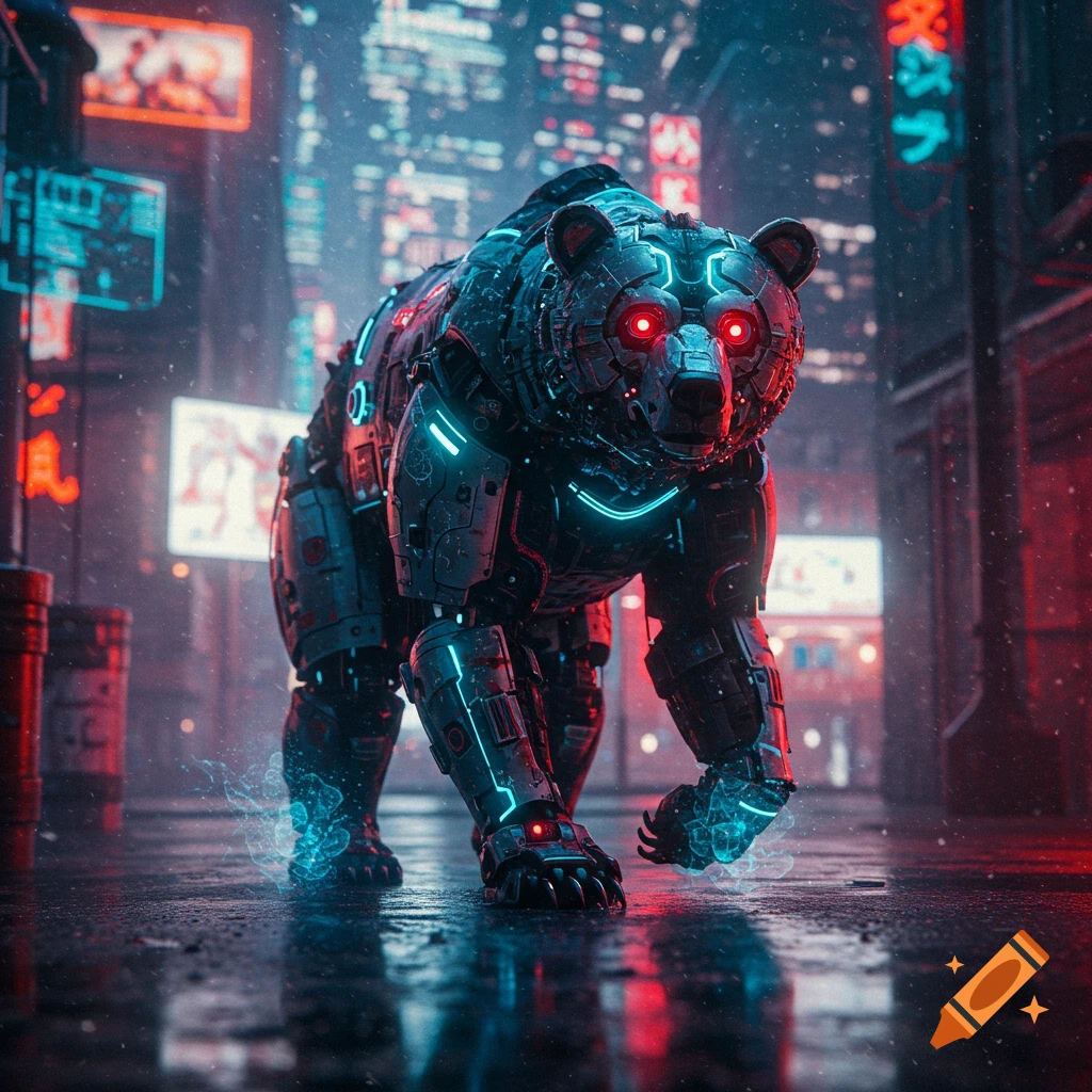 A futuristic robotic bear with glowing red eyes and blue neon lights walks on a wet street in a cyberpunk city at night, under falling snow.