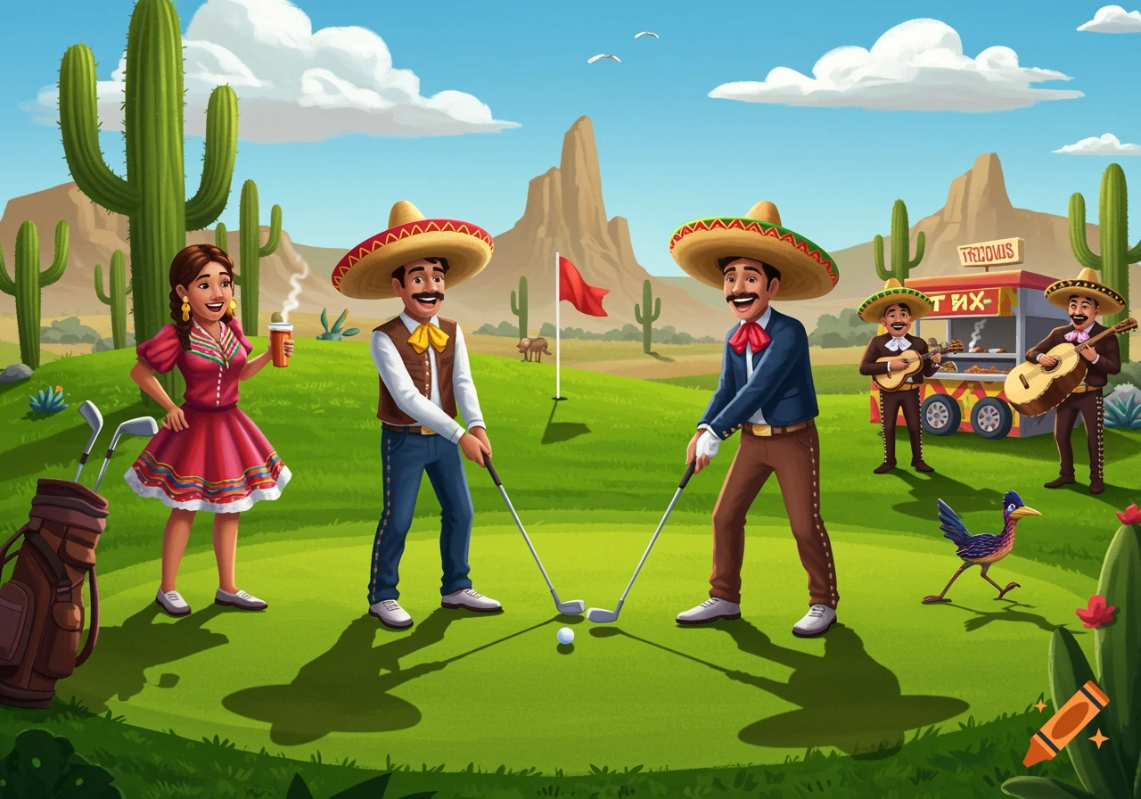 Illustration of people in Mexican attire playing golf with a taco stand and mariachi band in a desert setting with cacti and a roadrunner.
