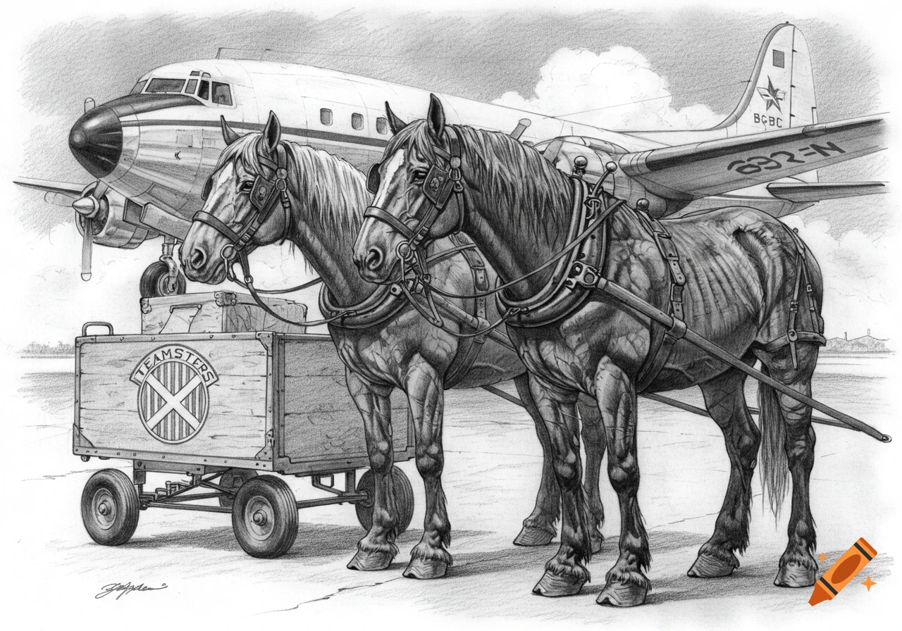 Pencil sketch of two large draft horses pulling a wooden cart with "TEAMSTERS" written on it, next to a vintage propeller airplane on an airfield.