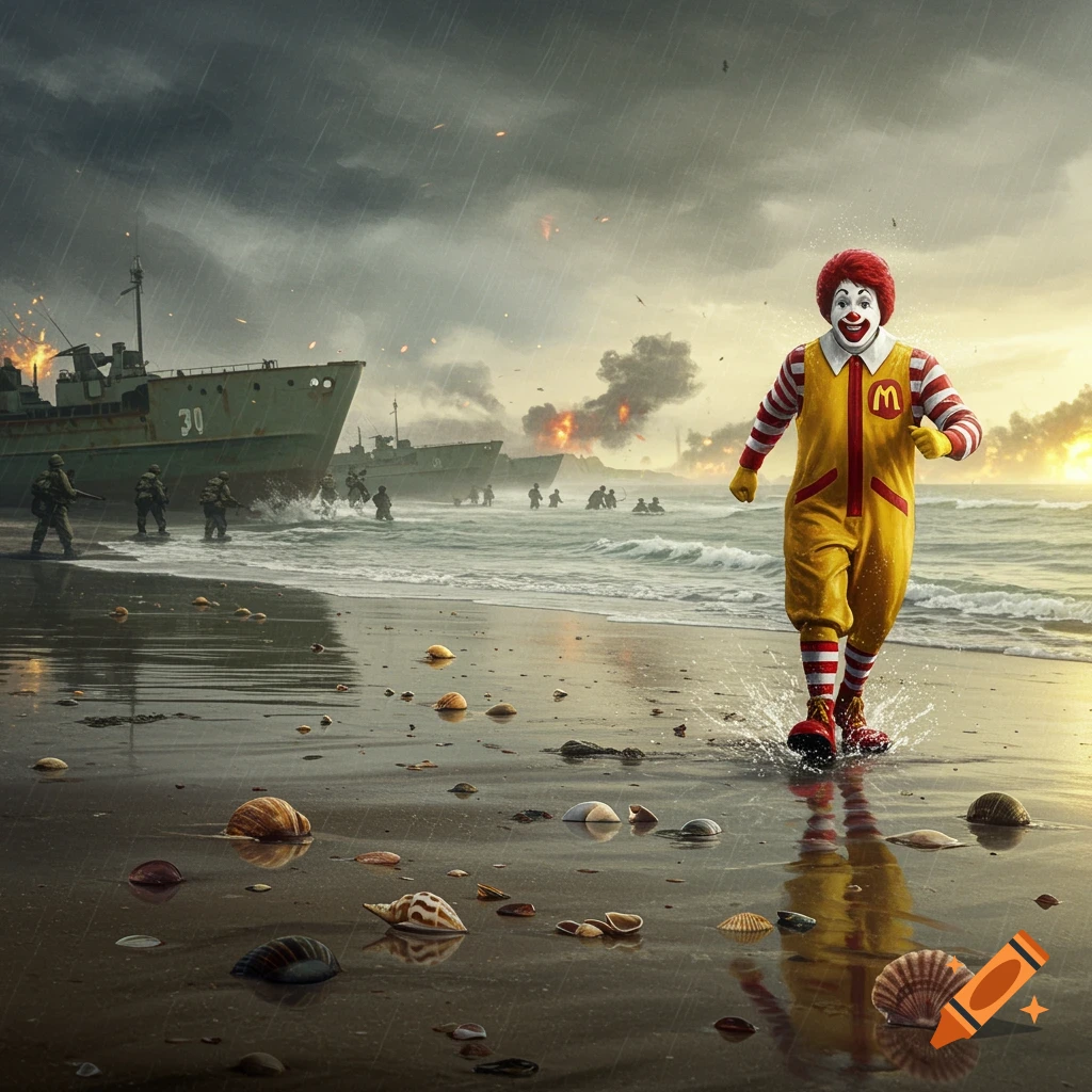 Photorealistic image of Ronald McDonald running ashore during a stormy D-Day landing, with soldiers and battleships.