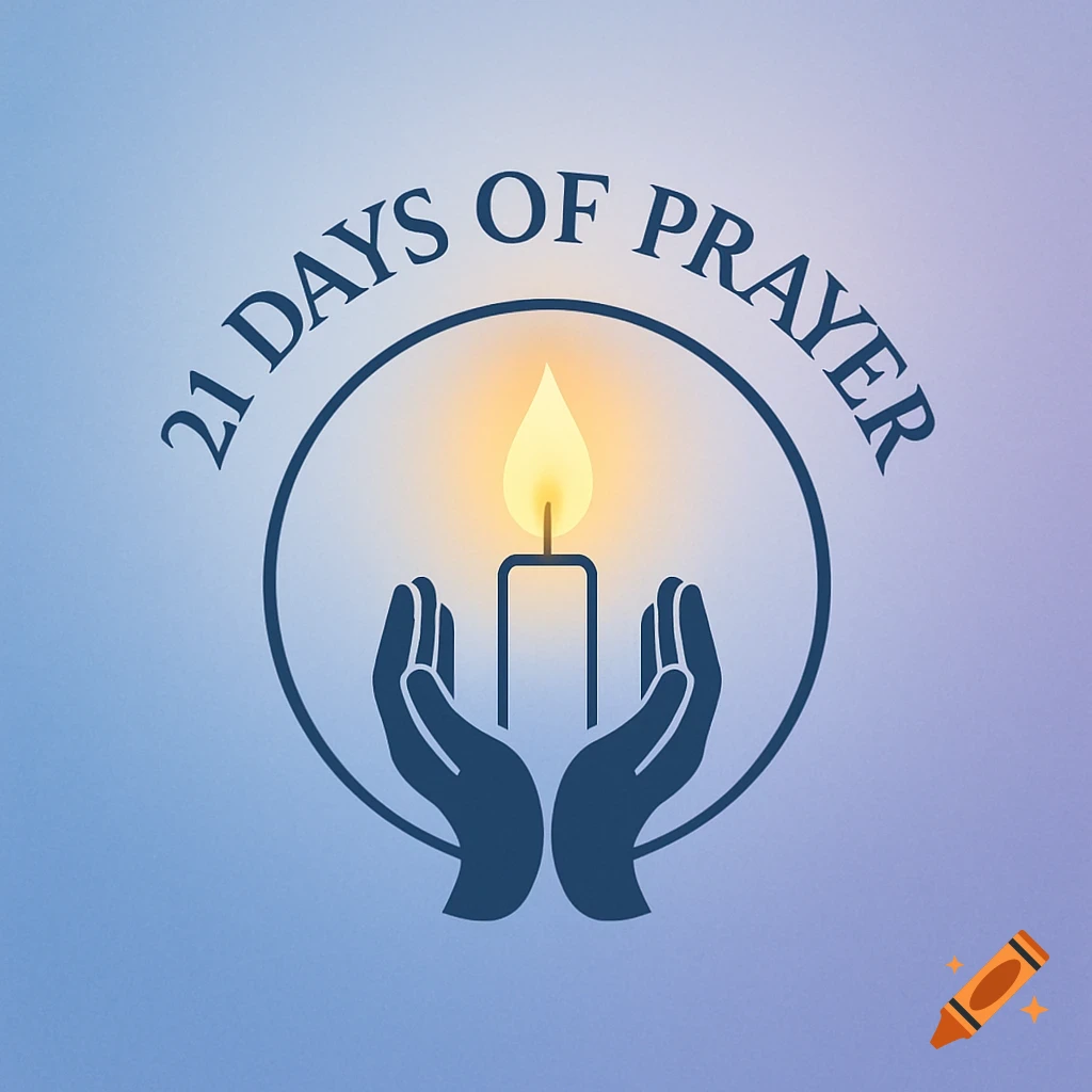 A logo with hands cradling a lit candle inside a circle, with the text '21 DAYS OF PRAYER' above.