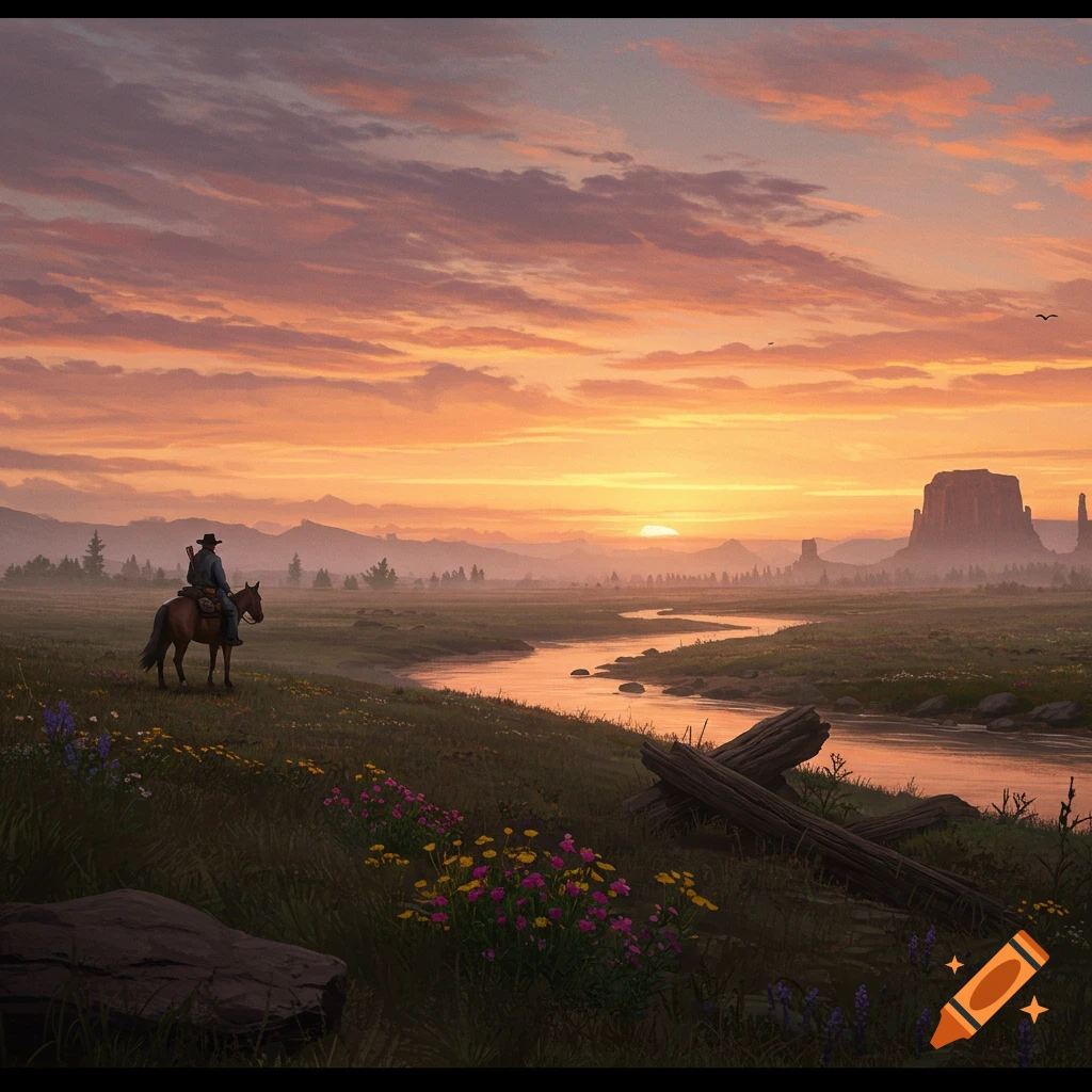 A cowboy on horseback overlooks a vast Western landscape at sunset, with a winding river, mountains, and colorful wildflowers.