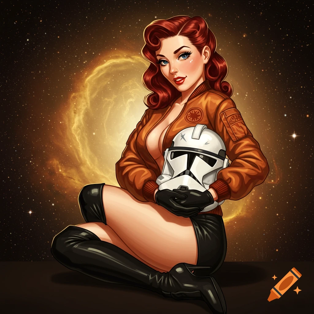 A smiling pin-up style woman with red hair in an orange bomber jacket and black boots holds a white clone trooper helmet against a starry nebula background.