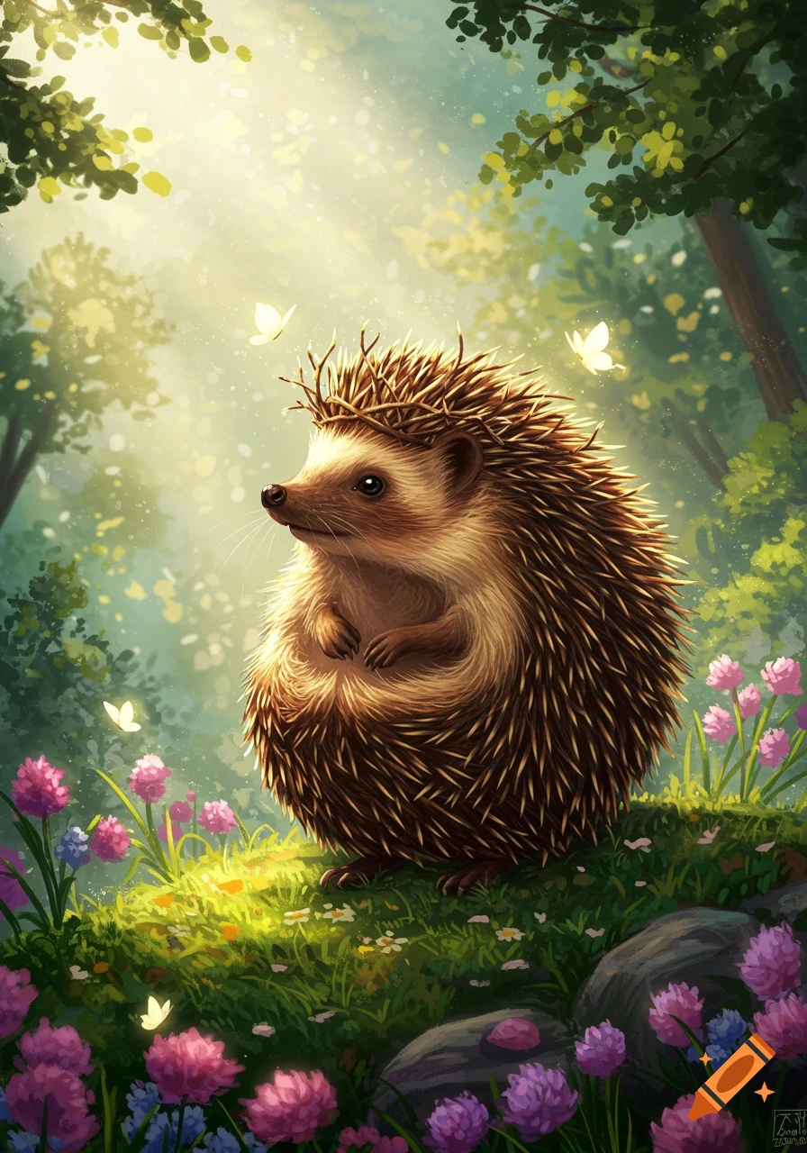 An adorable hedgehog sits among colorful flowers and glowing butterflies in a sun-dappled, whimsical forest illustration.