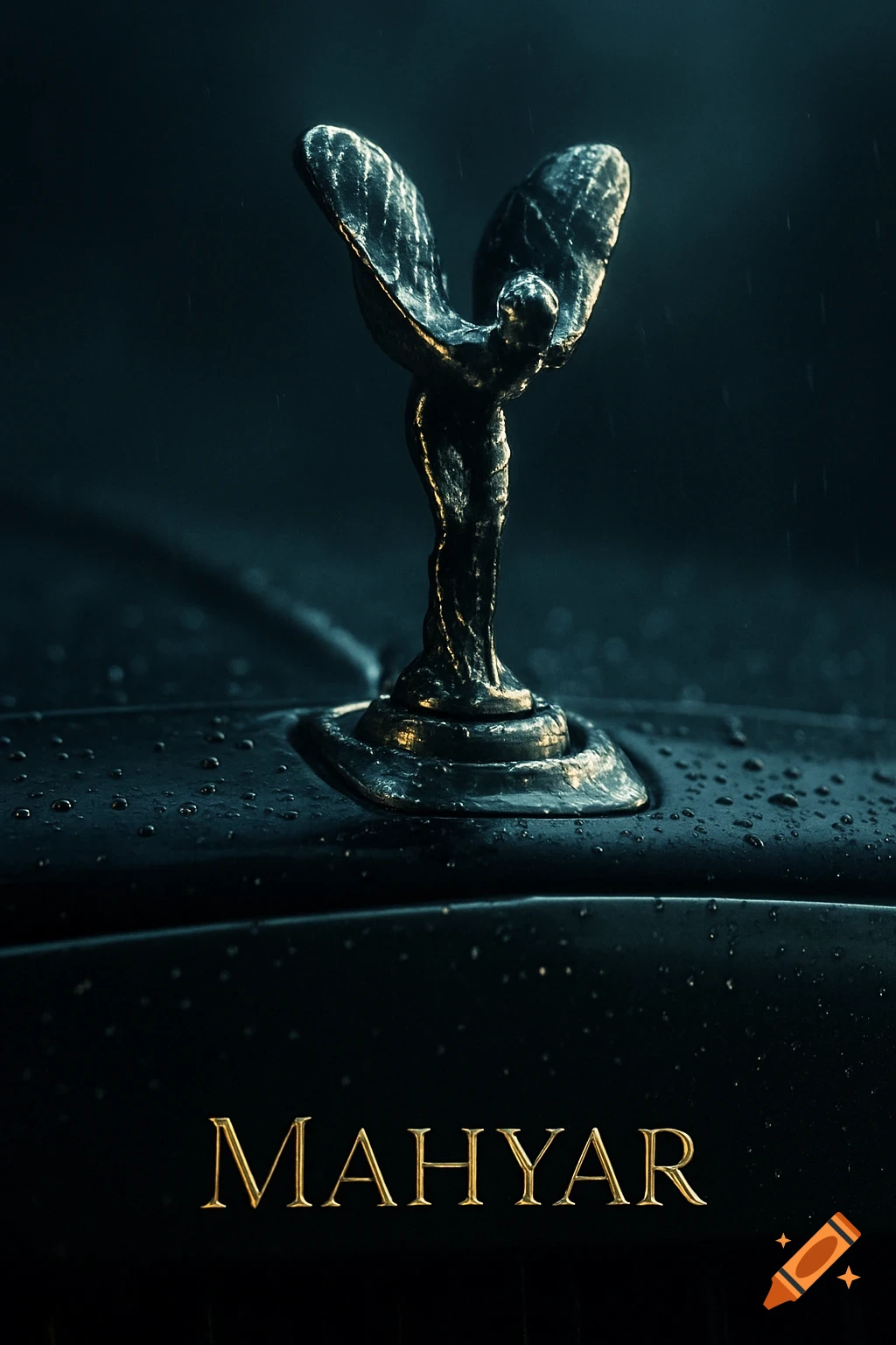 A dark, dramatic close-up of a wet Rolls-Royce Spirit of Ecstasy hood ornament with the name MAHYAR in gold text below.