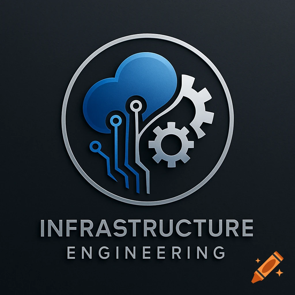 A modern 3D logo for Infrastructure Engineering featuring a blue cloud, circuit board lines, and gears within a silver circle on a dark background.