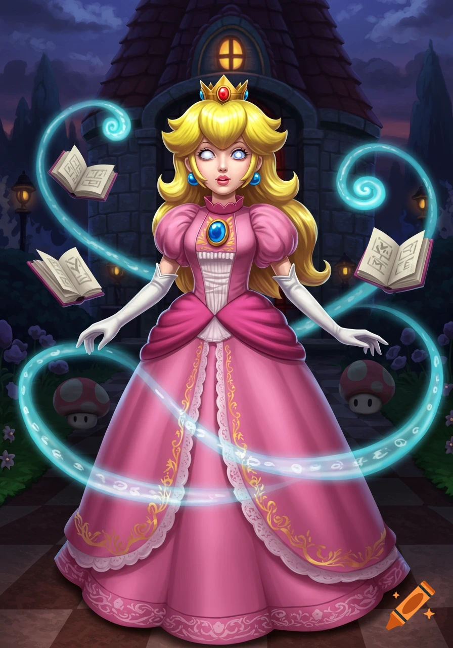 Princess Peach with glowing eyes, surrounded by swirling magical light and floating spellbooks, stands in front of a dark castle.