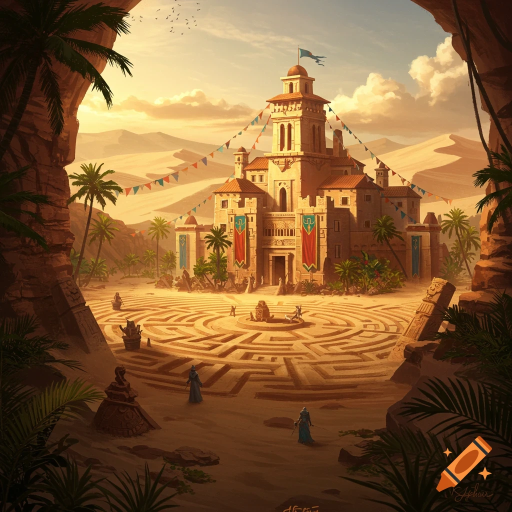 A grand fantasy castle stands amidst a desert landscape with an intricate maze in the foreground, framed by rock formations and palm trees.