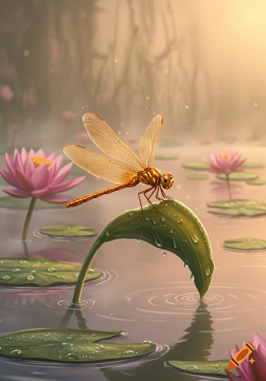 A golden dragonfly with delicate wings perches on a dew-covered green lily pad in a tranquil pond, surrounded by blooming pink water lilies under a warm, soft light.