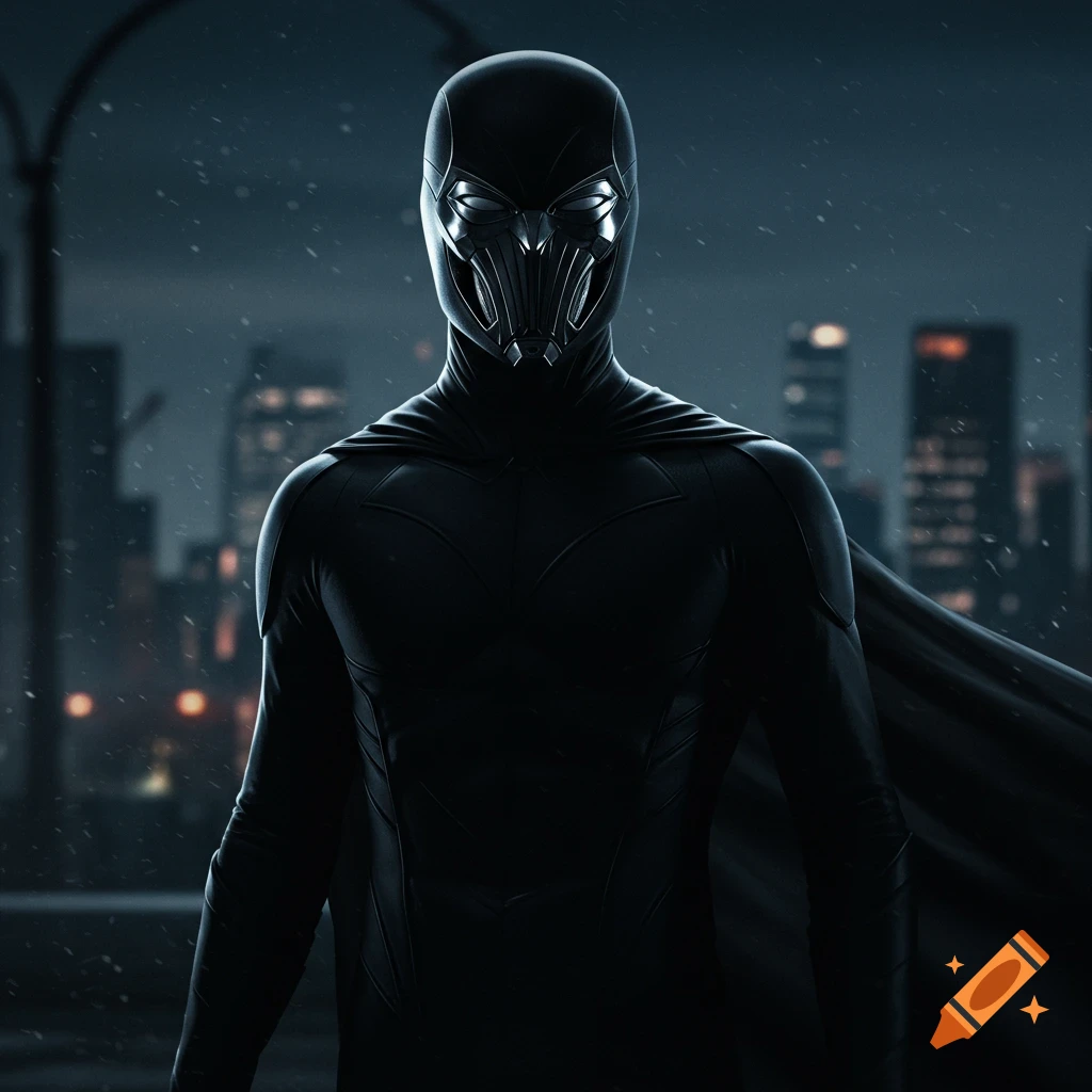 A dark superhero in a sleek black suit and metallic mask stands in a rainy city at night.