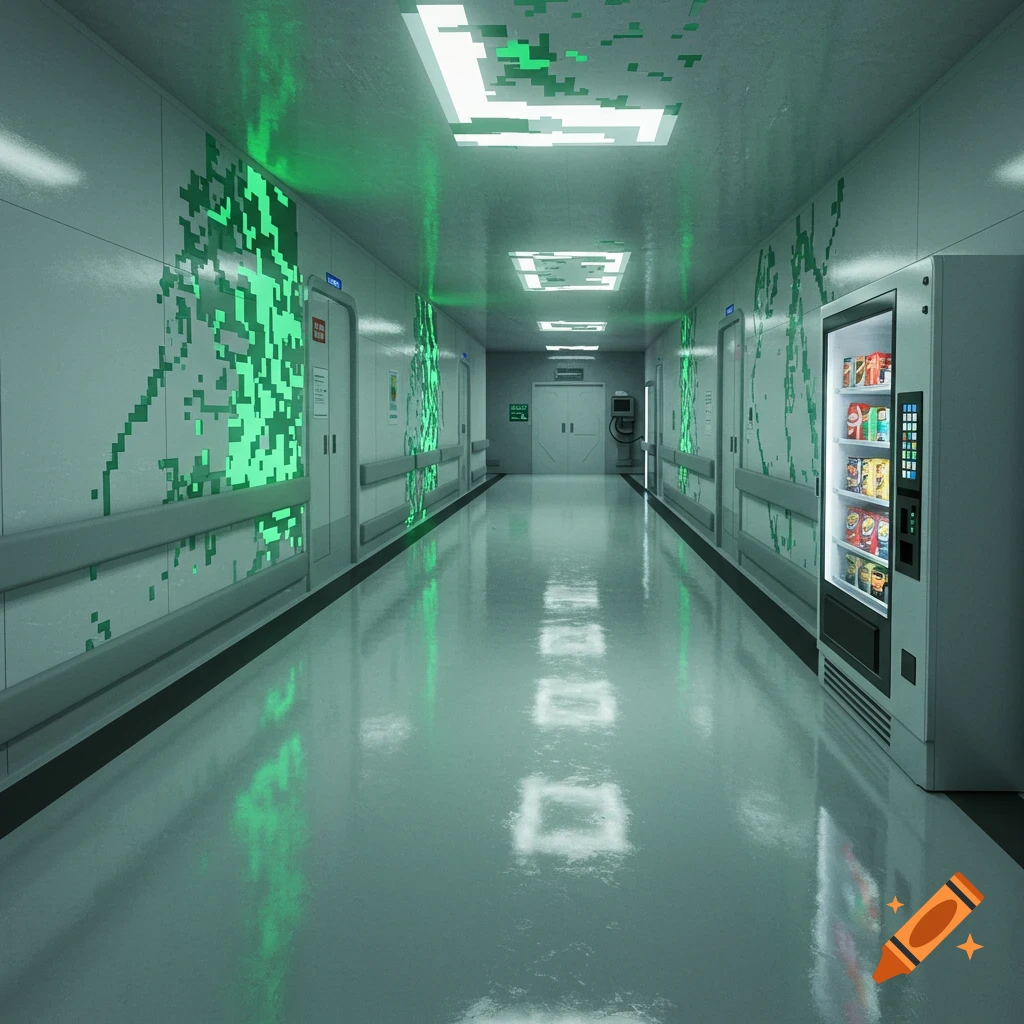 A long, sterile hospital hallway with green pixelated patterns, reflections on the shiny floor, and a snack vending machine.