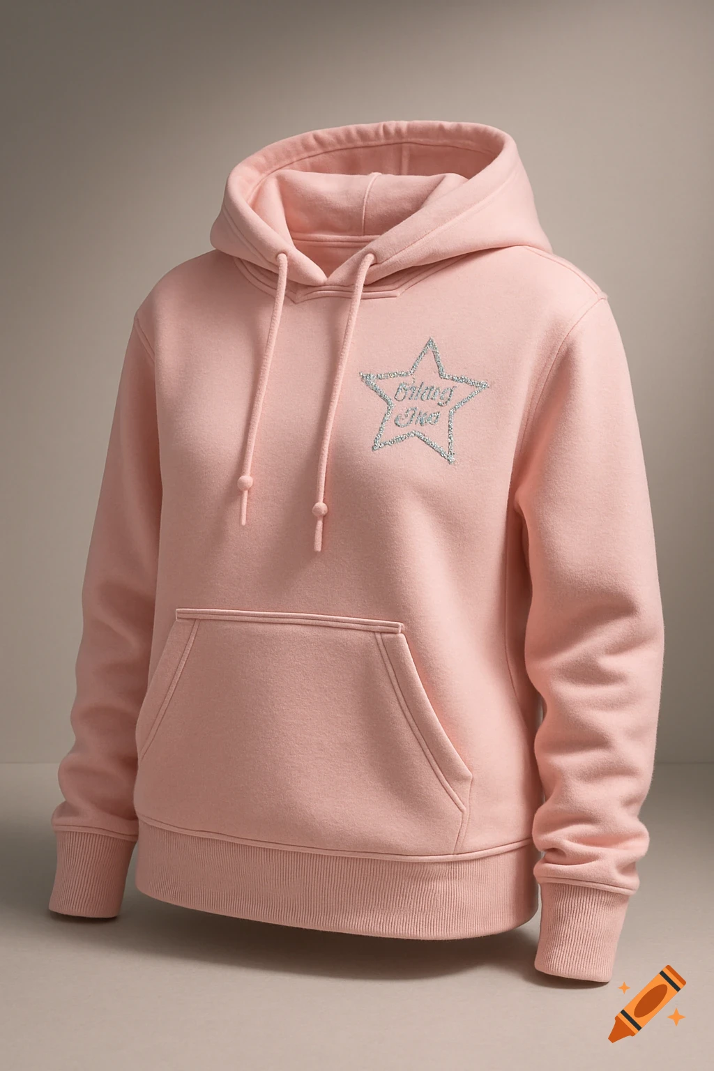 A pink hoodie featuring a bedazzled star outline on the upper right, with garbled text inside the star.
