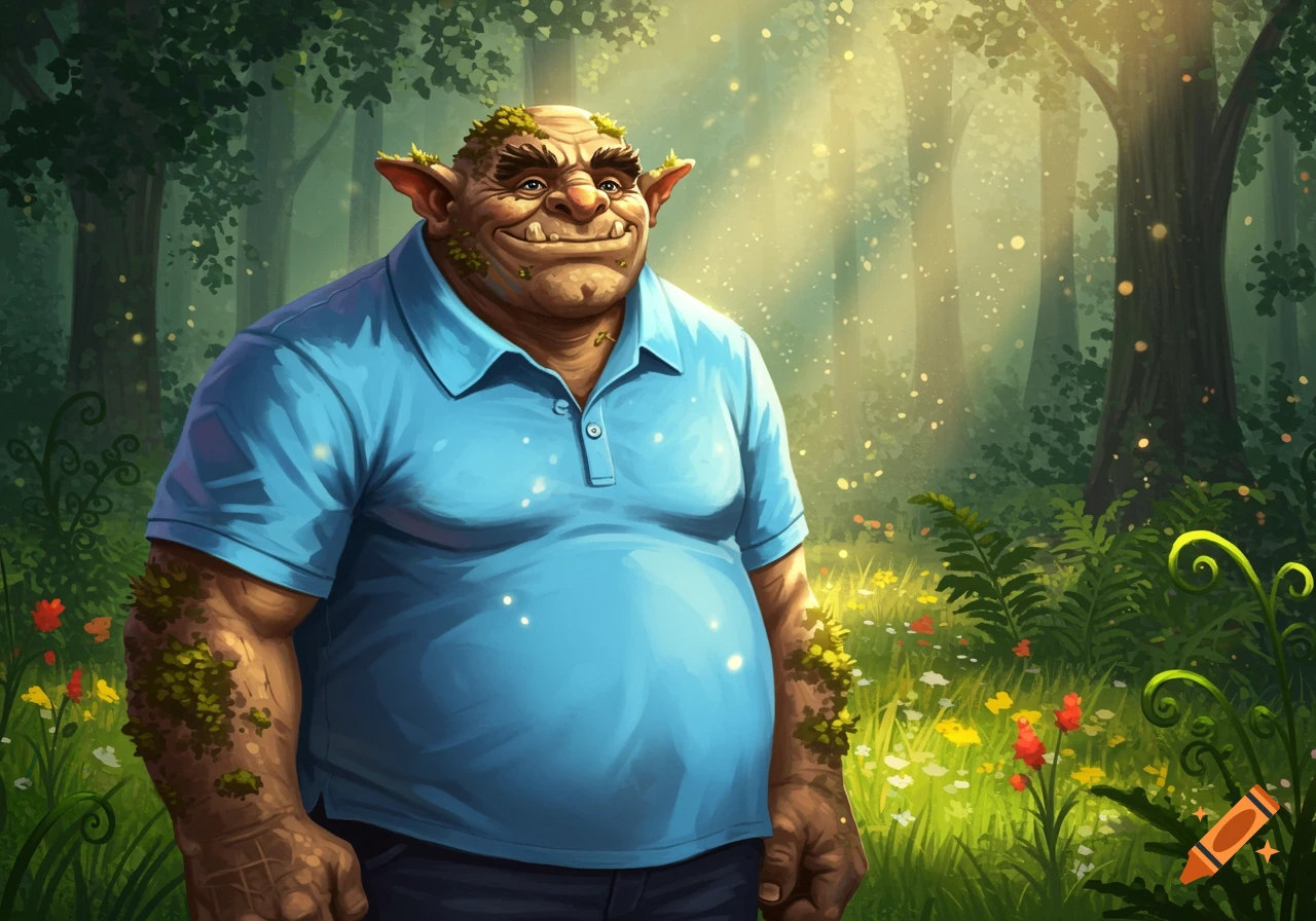 An illustration of a large, friendly-looking troll wearing a blue polo shirt, standing in a sun-dappled magical forest.