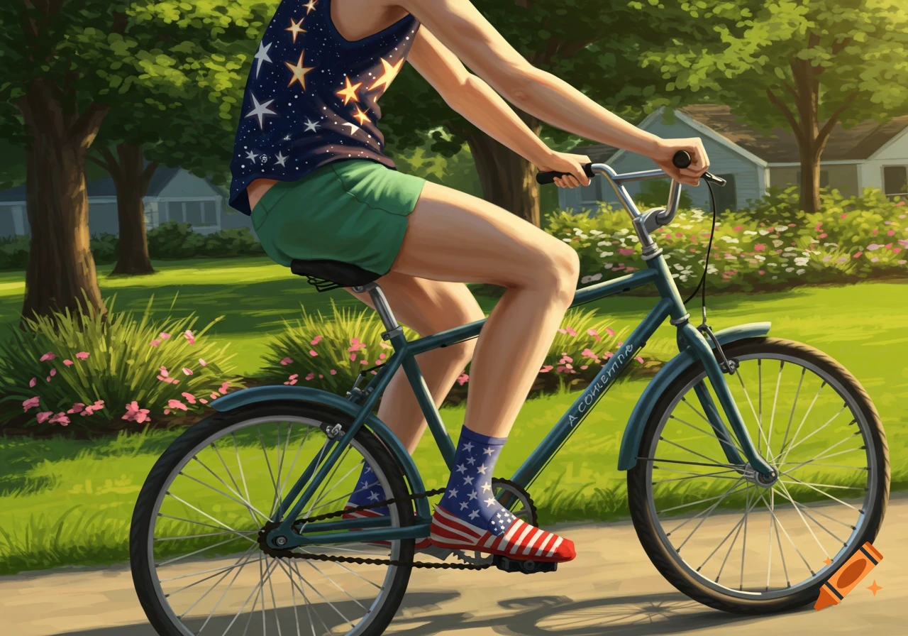 A person wearing a stars tank top, green shorts, and American flag socks rides a bike on a sunny day.
