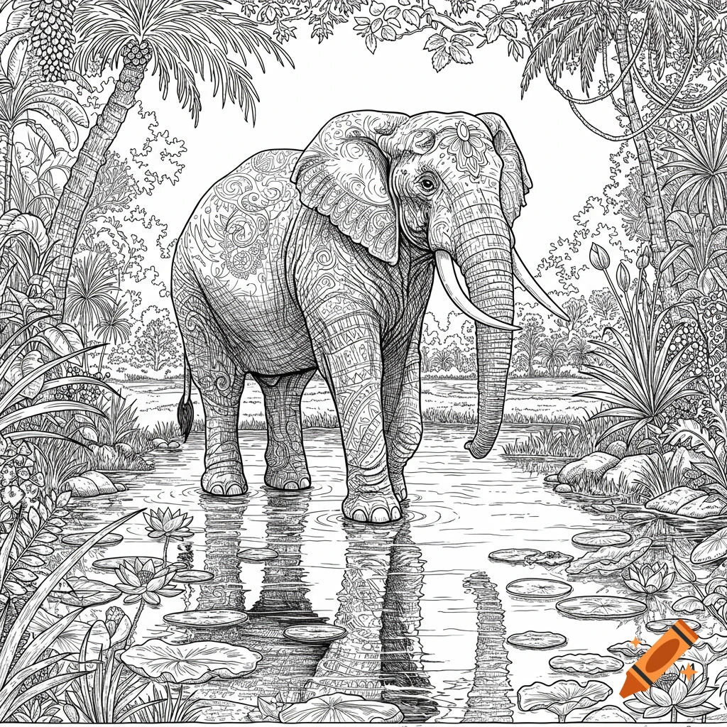 A black and white coloring book illustration of an elephant with decorative patterns standing in a pond with lotus flowers, surrounded by tropical plants.