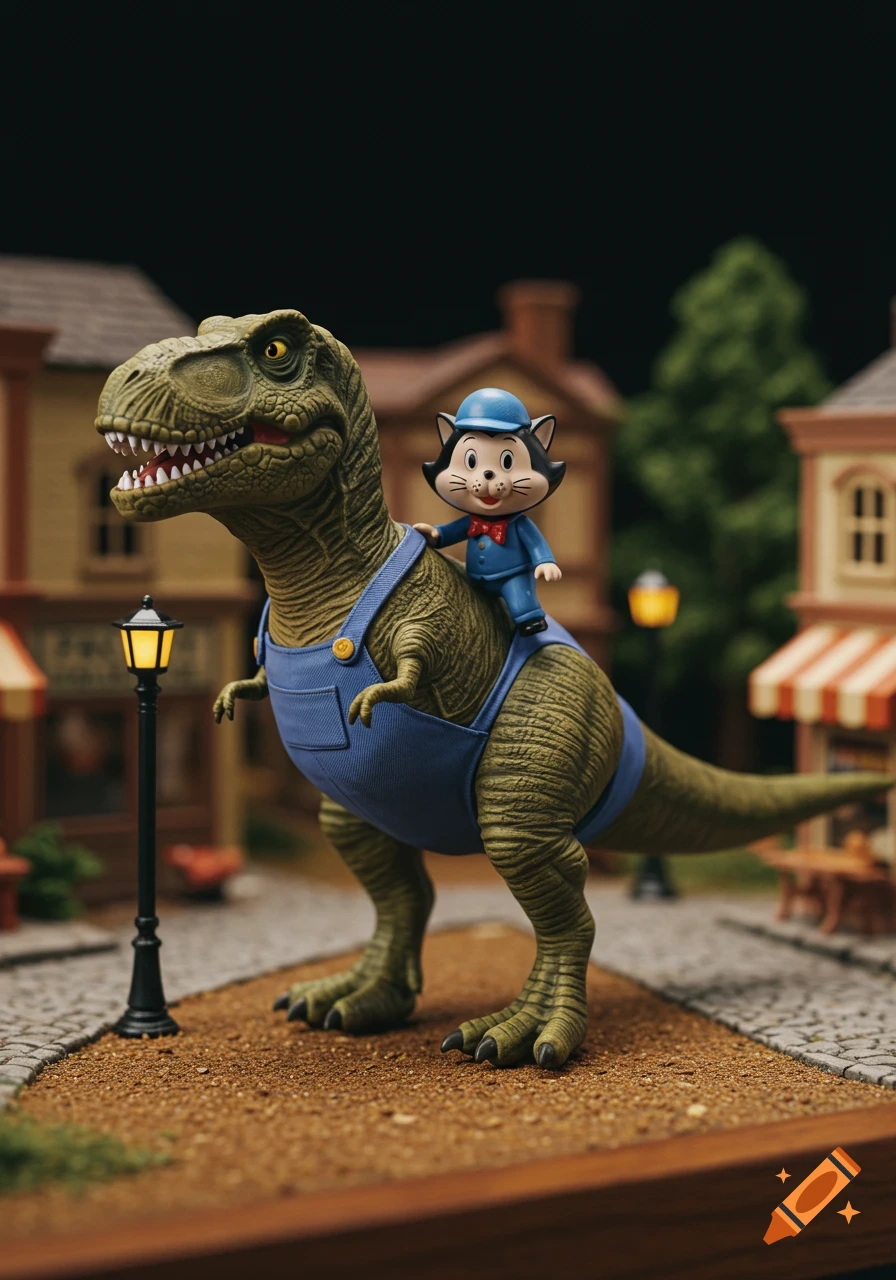 A detailed miniature model of a T-rex in overalls carrying a cartoon cat figure on its back, on a miniature street.