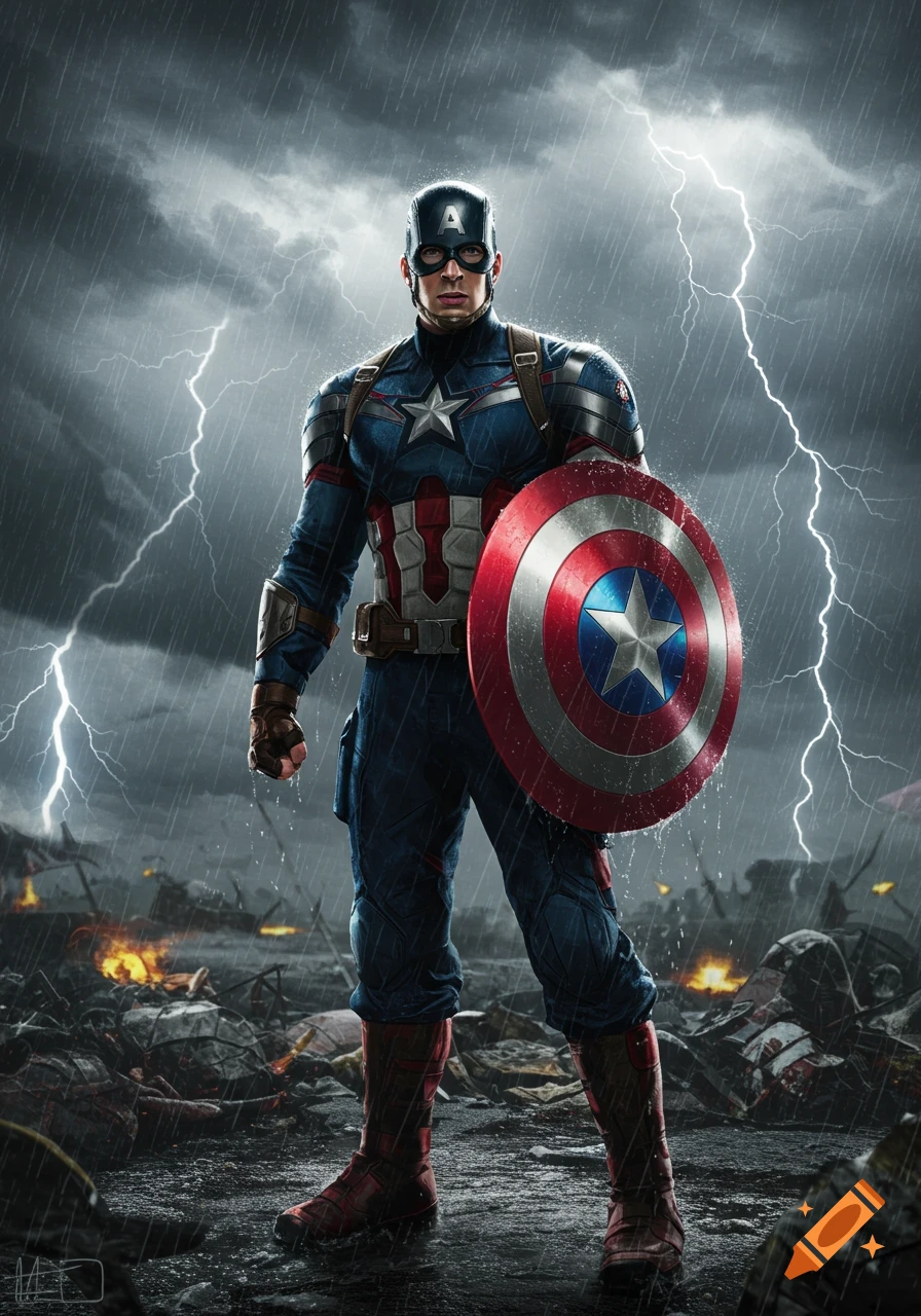 Captain America stands heroically amidst rain and lightning on a stormy battlefield with his shield, in a realistic comic book style.