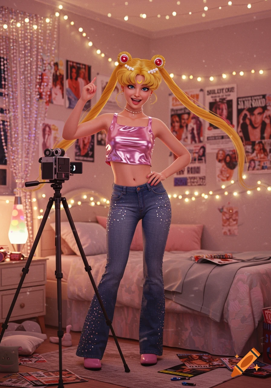 A hyperrealistic depiction of Sailor Moon in early 2000s fashion, posing in her brightly lit bedroom with a camera on a tripod.