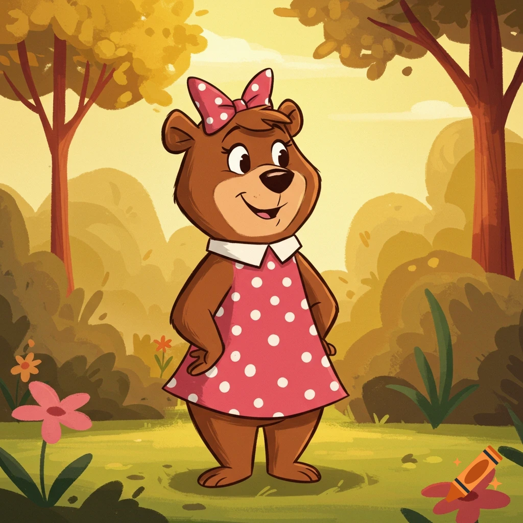 A cartoon bear wearing a pink polka-dot dress and a matching bow on her head stands in a sunny forest.