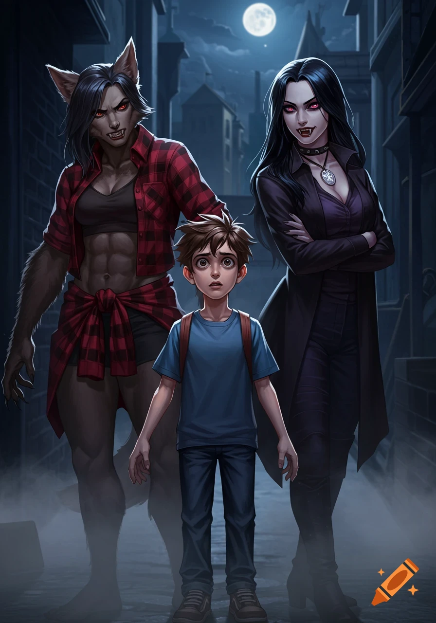 An anime-style image of a scared young boy standing between a female werewolf and a female vampire on a dark street at night.