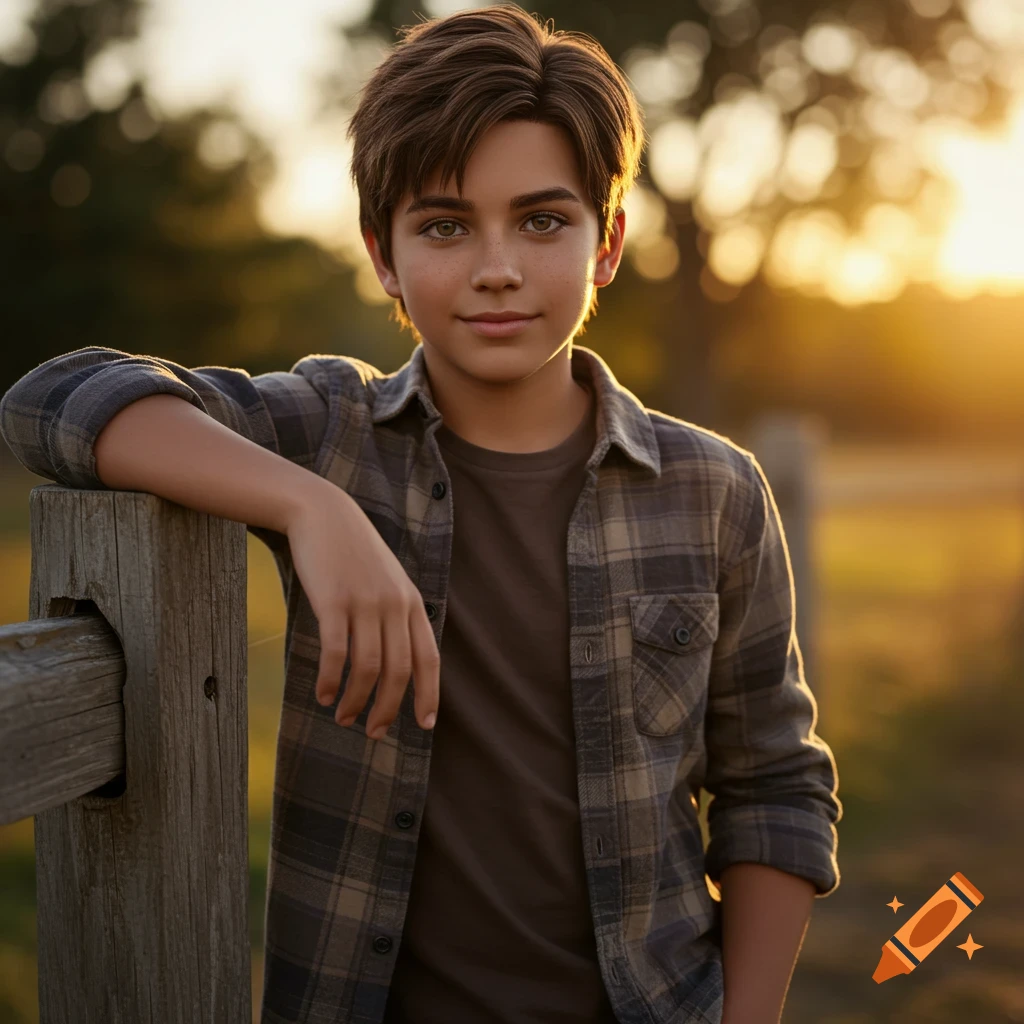 Photorealistic portrait of a young boy with brown hair and brownish-green eyes, leaning on a wooden fence in golden hour light.